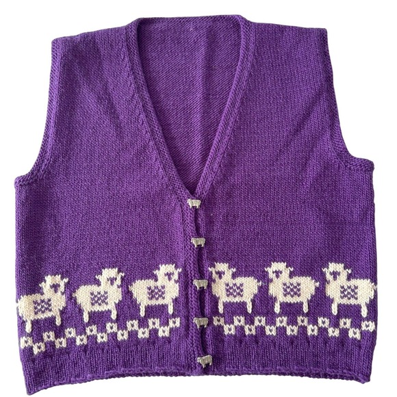 Wms Handknit Wool Sheep Sweater Vest L Purple Buttons V Neck Countrycore Vtg - Picture 4 of 6